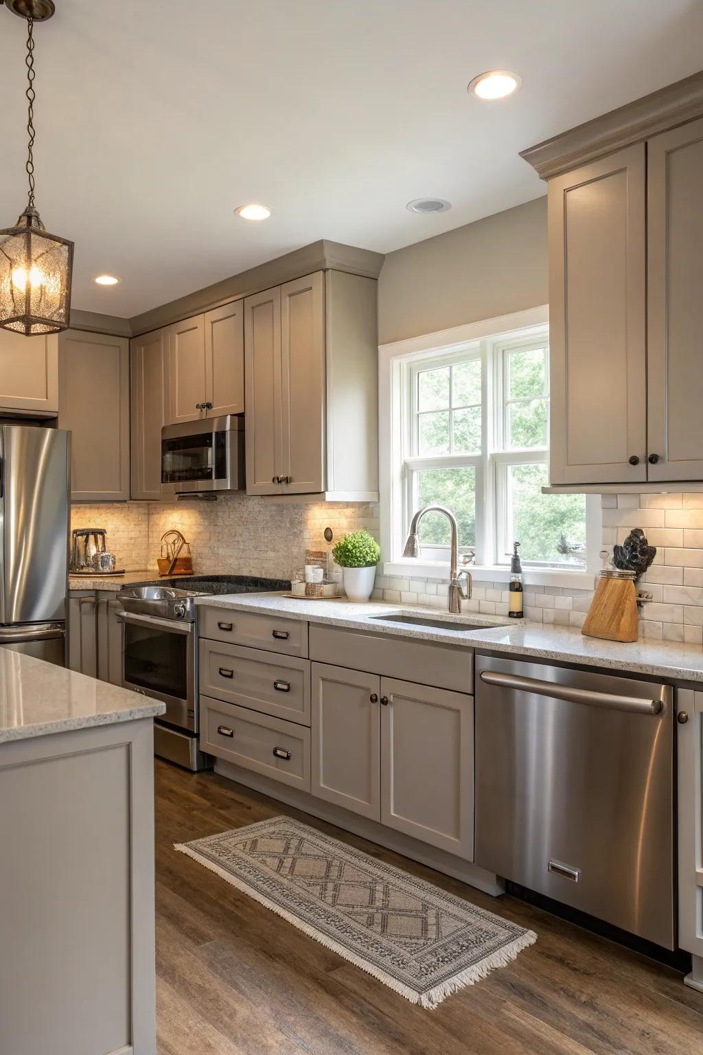 Greige strikes a balance between warmth and coolness in an elegant kitchen decor.