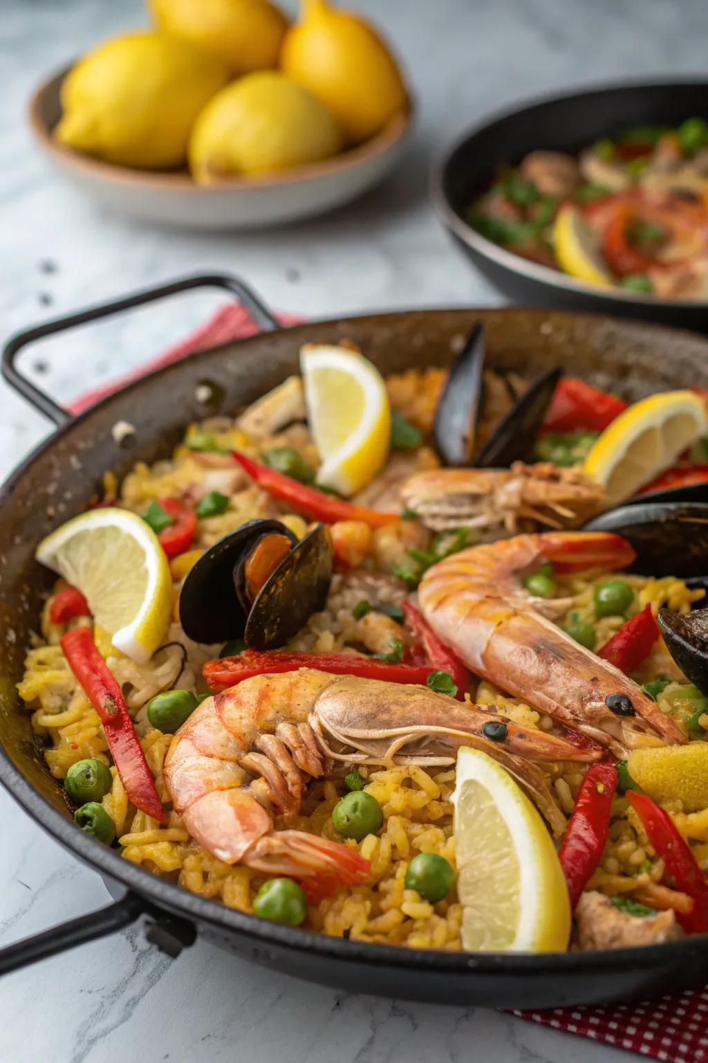 A vibrant ocean paella, perfect for a festive New Year's celebration.