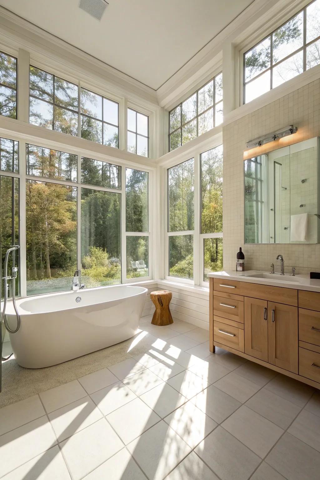 A vibrant bathroom awash with natural light streaming in through broad windows.