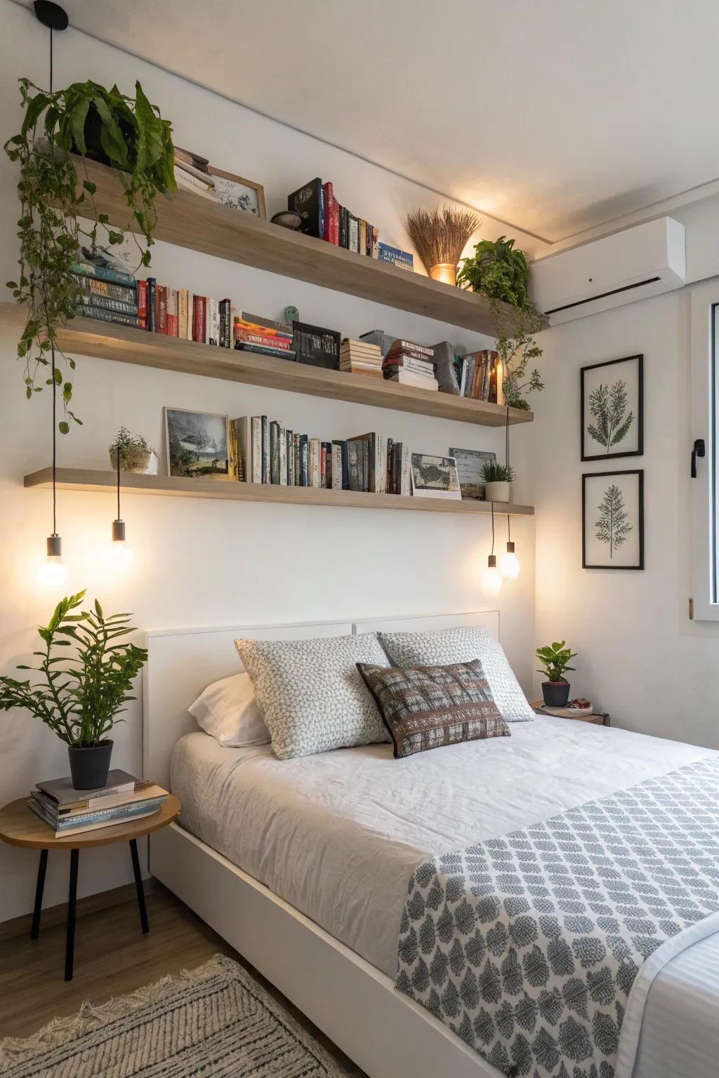 Elevated shelves blend utility with aesthetic charm above the bed.