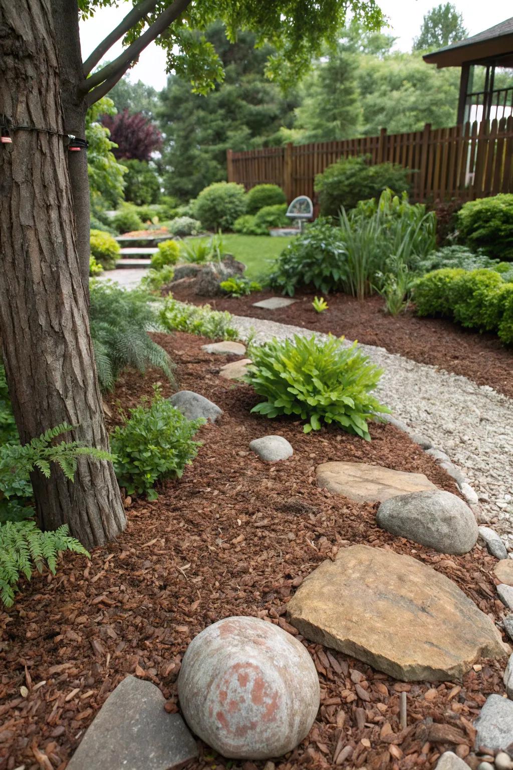 A peaceful garden featuring mulch and ground covers for minimal upkeep.