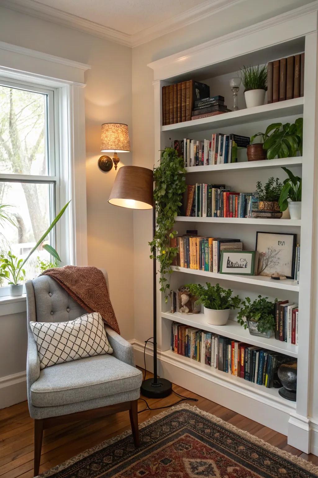 Custom built-in shelves craft a literary sanctuary within your cherished nook.