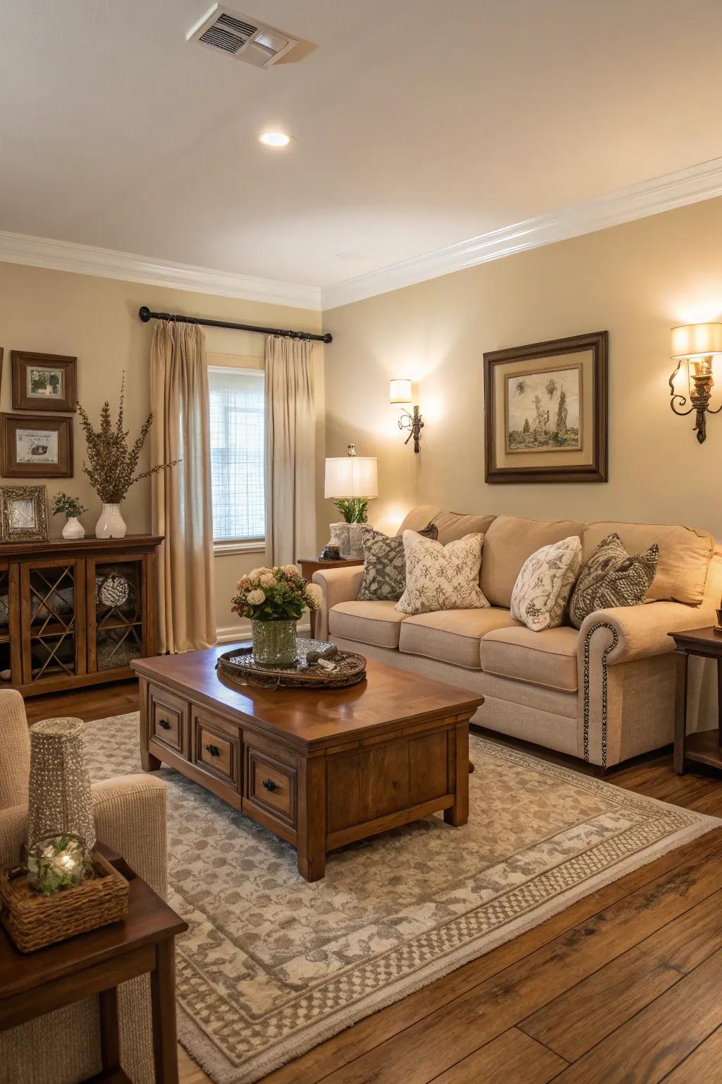 Neutral and earthy tones harmoniously complement the oak floors.