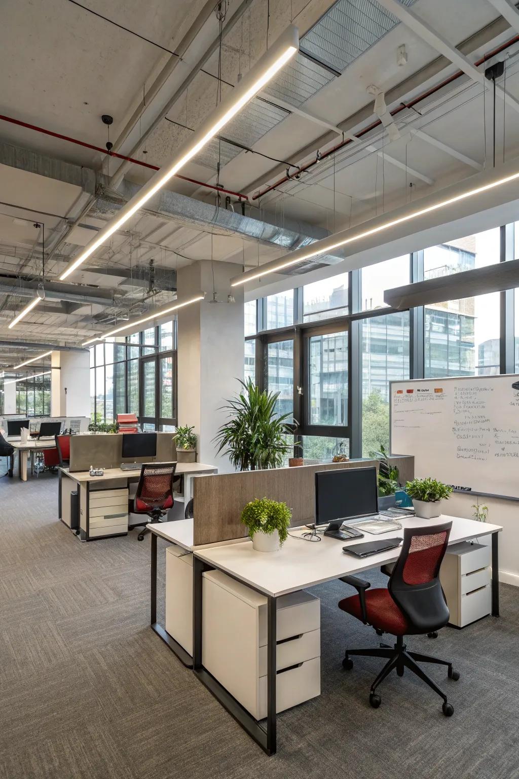 Shared office lighting makes sure there is a bright and productive workspace.