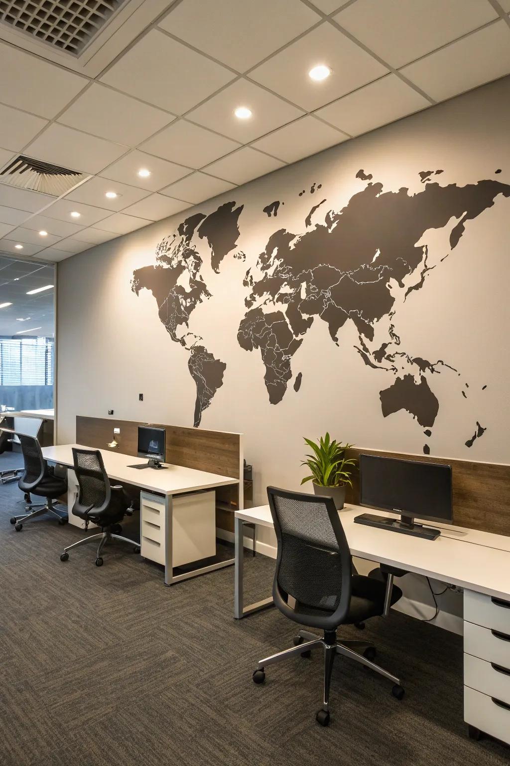 A decorative global map that sparks a sense of travel and discovery within the office.