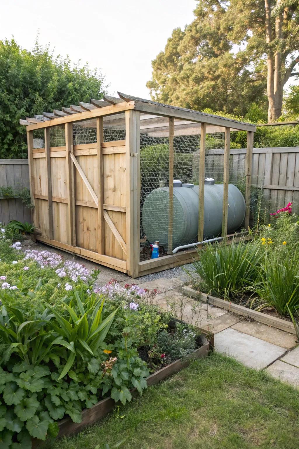 A rustic timber structure seamlessly incorporating a fuel container into the garden.