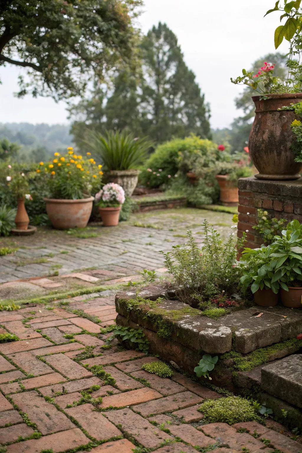 Potted flora emphasizes the natural appeal of this brick patio
