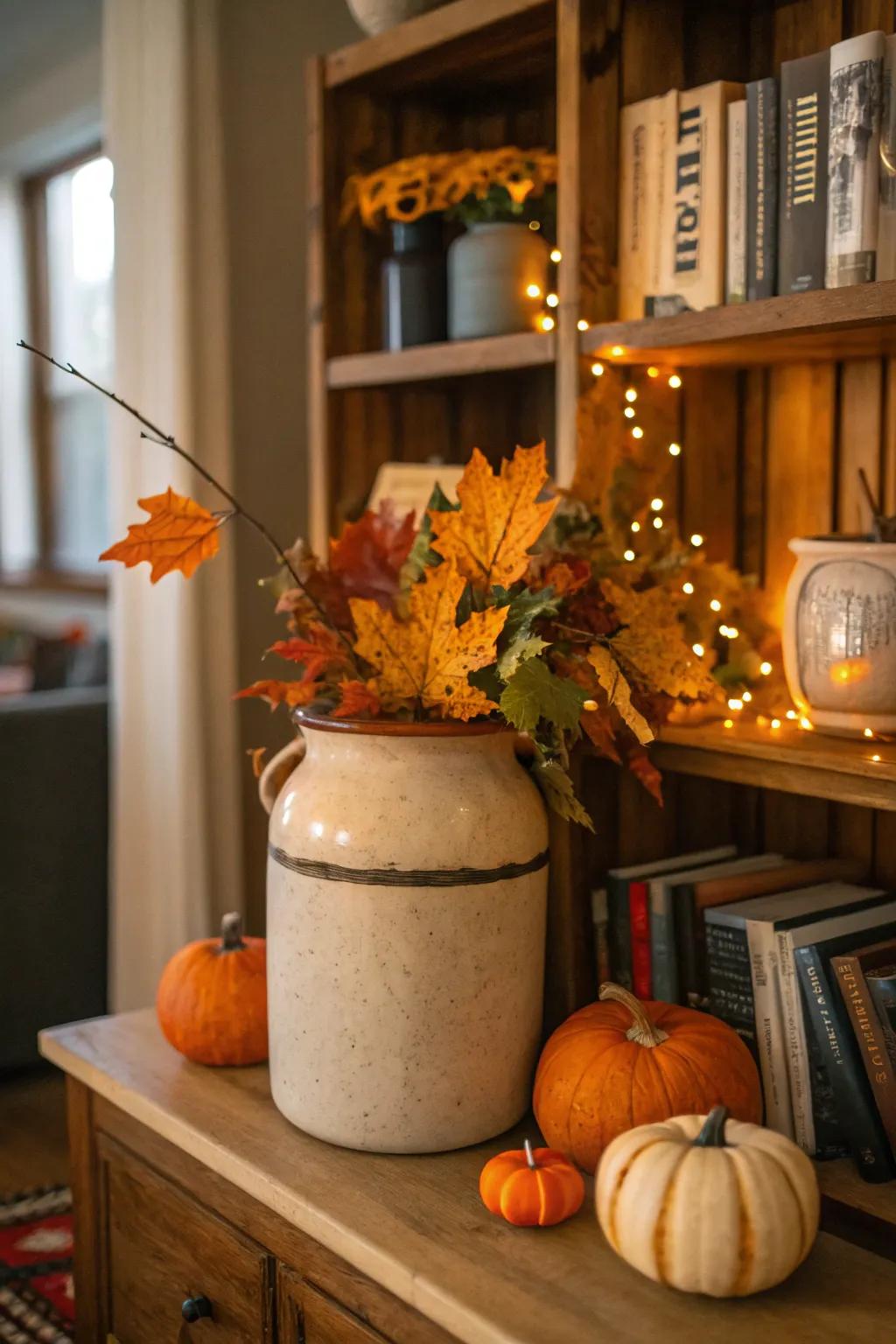 Seasonal decorative pieces showcased within a crock bring joyful, festive vibes to your space.