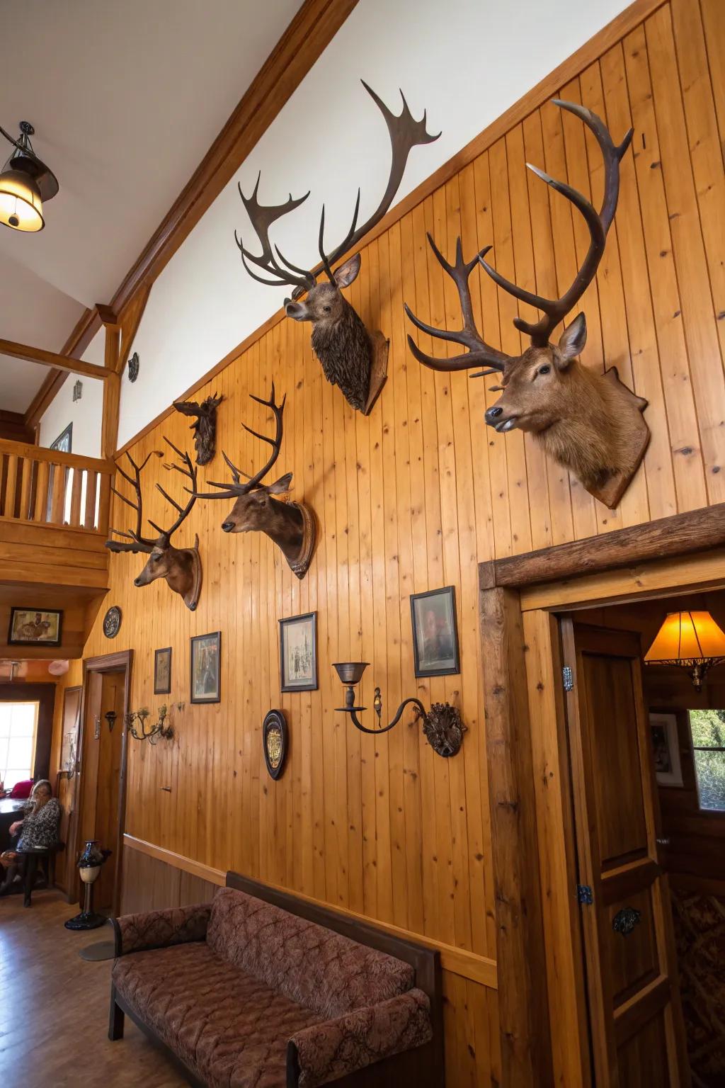A hunting lodge wall richly decorated with mounted antlers and wildlife trophies.