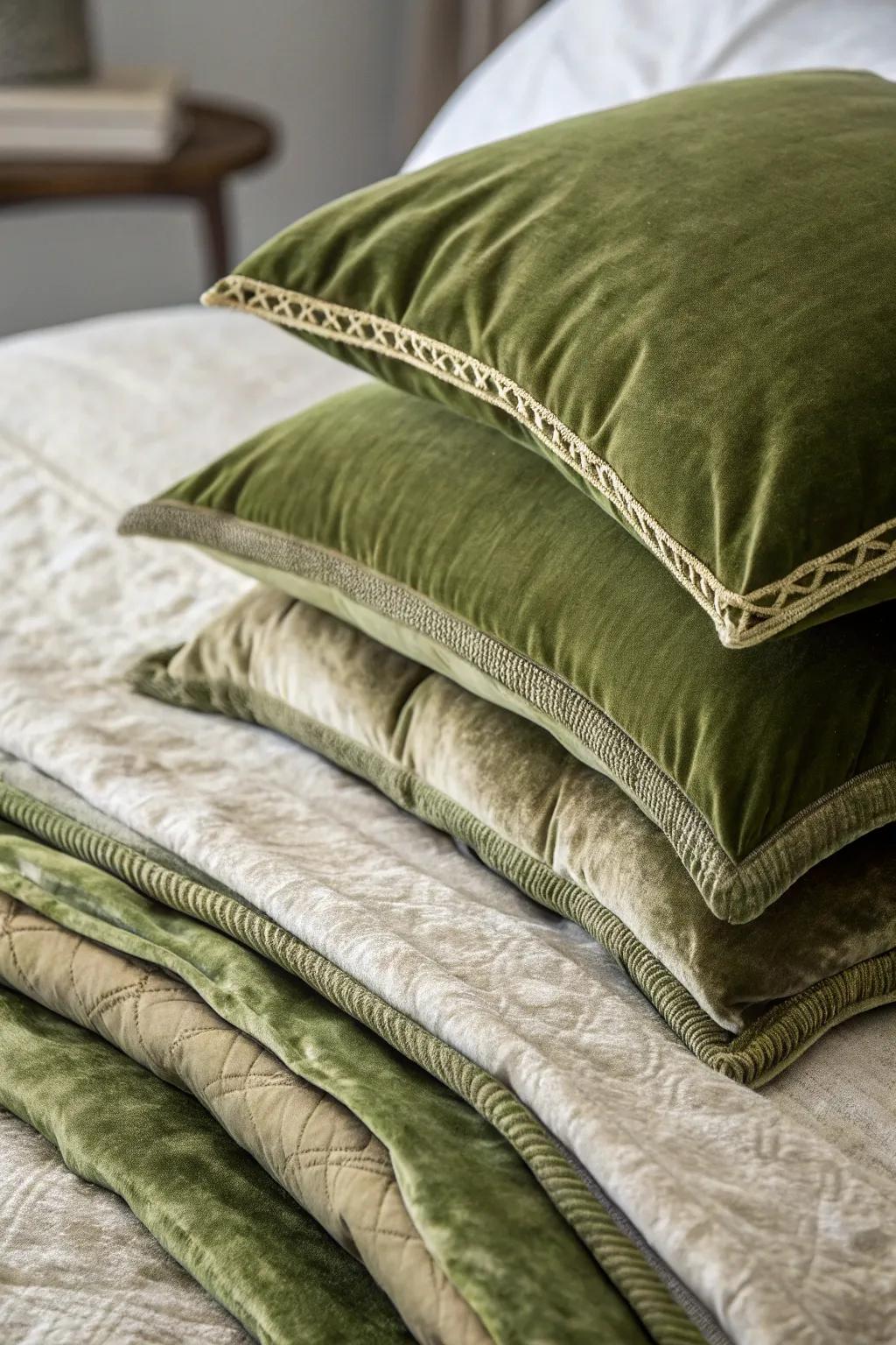 Layer varying textures to create an inviting and opulent <strong><em>olive green bedding</em></strong> presentation.” loading=”lazy” class=”pimg”>
	</picture><figcaption>Layer varying textures to create an inviting and opulent <strong><em>olive green bedding</em></strong> presentation.</figcaption></figure>
<p>Combining varied tactile sensations, such as corduroy or cotton, with your olive green bedding enriches the aesthetic depth. From my perspective, this thoughtful layering is visually opulent and wonderfully comforting.</p>
<h3>A few choices to try:</h3>
<ul class=