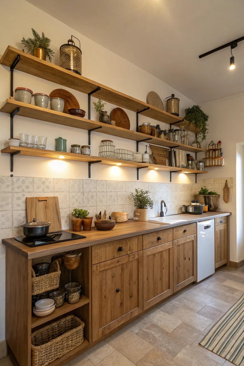 Visible shelving in a single-wall kitchen displaying choice kitchenware.