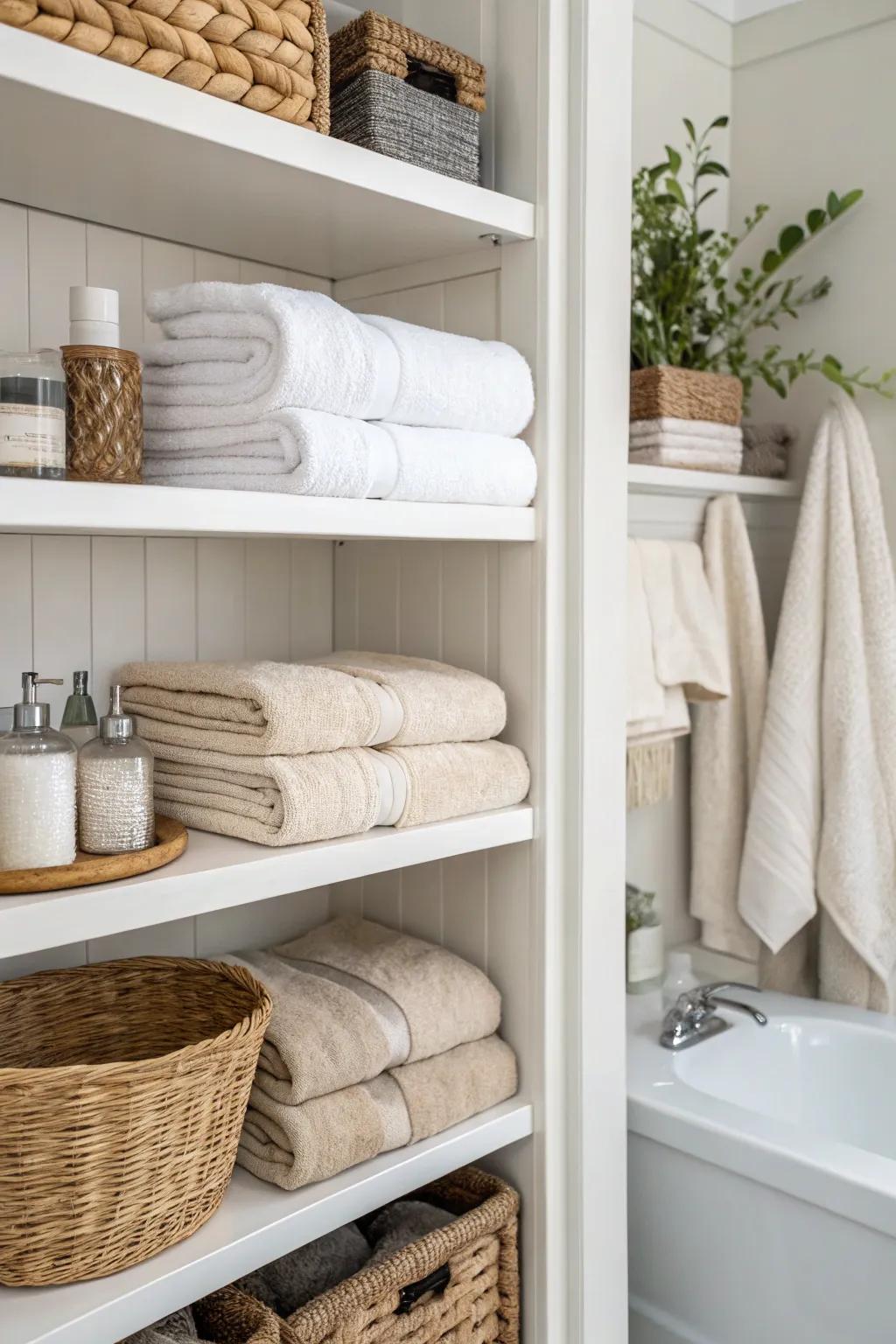 Nicely folded towels give open linen closets a spa-like atmosphere.