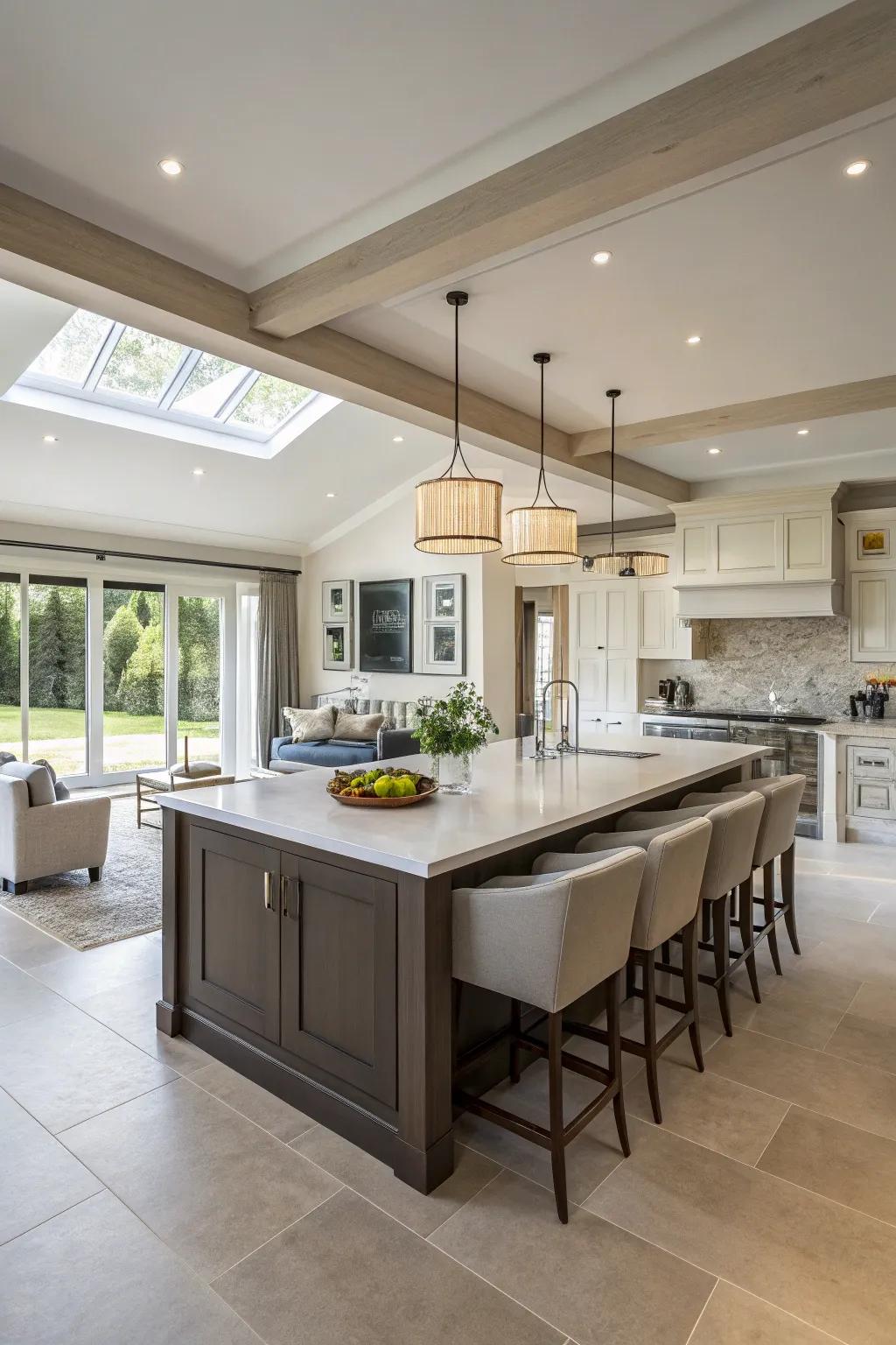 The central island evolves into a focal point for both cooking and conversations.
