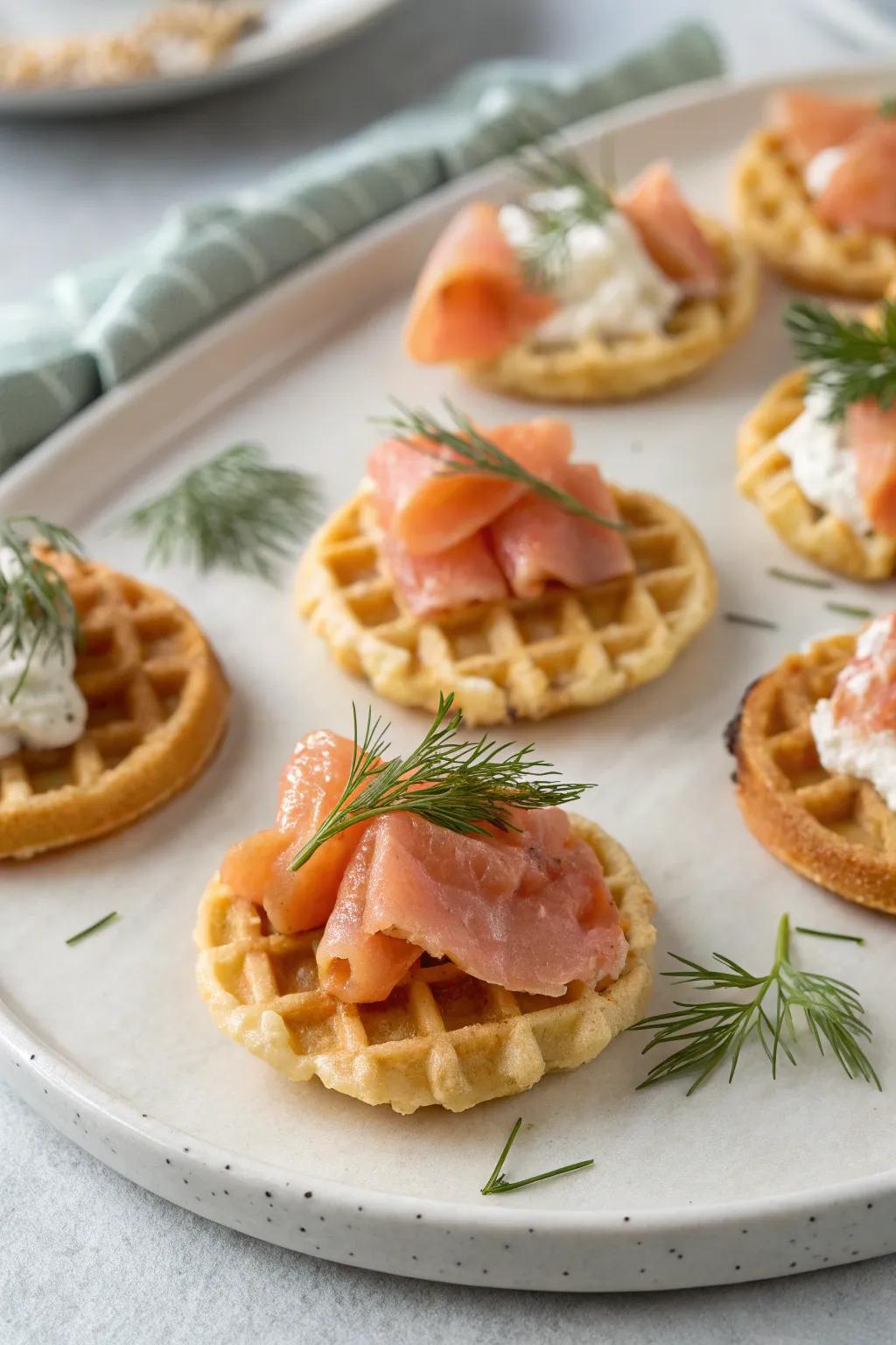 Savory waffle canapés offer a unique fusion of flavors and textures.
