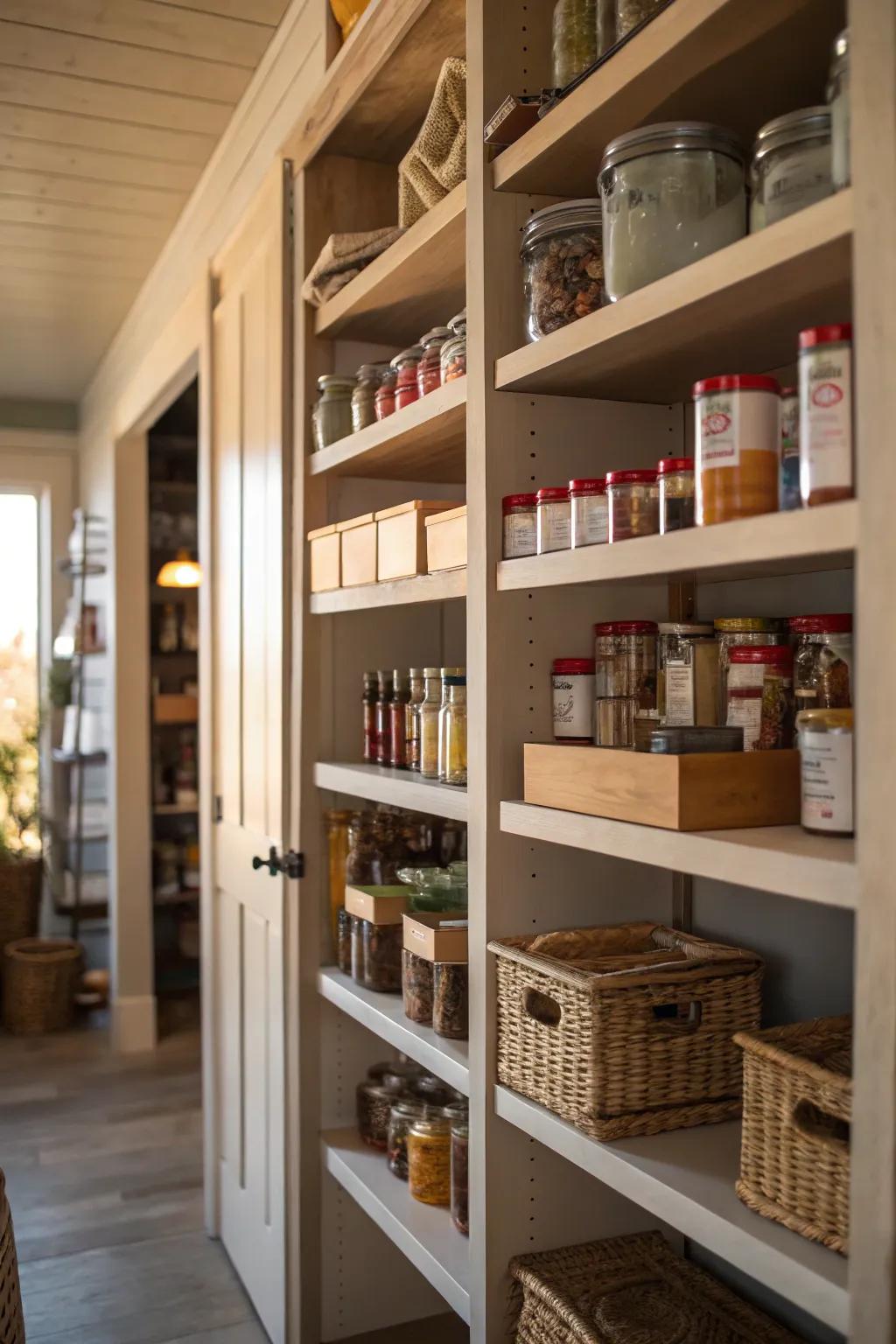 Taller shelves maximize the available storage in this pantry.
