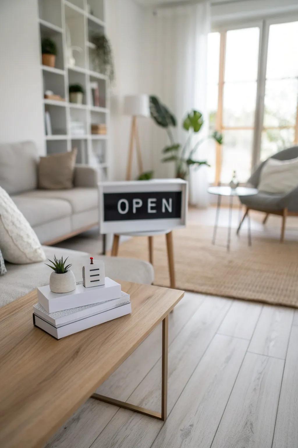 A modern welcome display complements a minimalist motif.