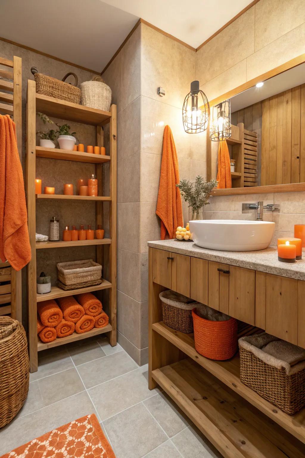 Orange elements harmonized with wooden shelving to foster an earthy ambiance.