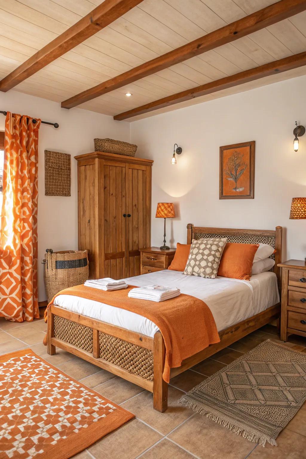 Orange and wood unite to create a grounded, inviting vibe.