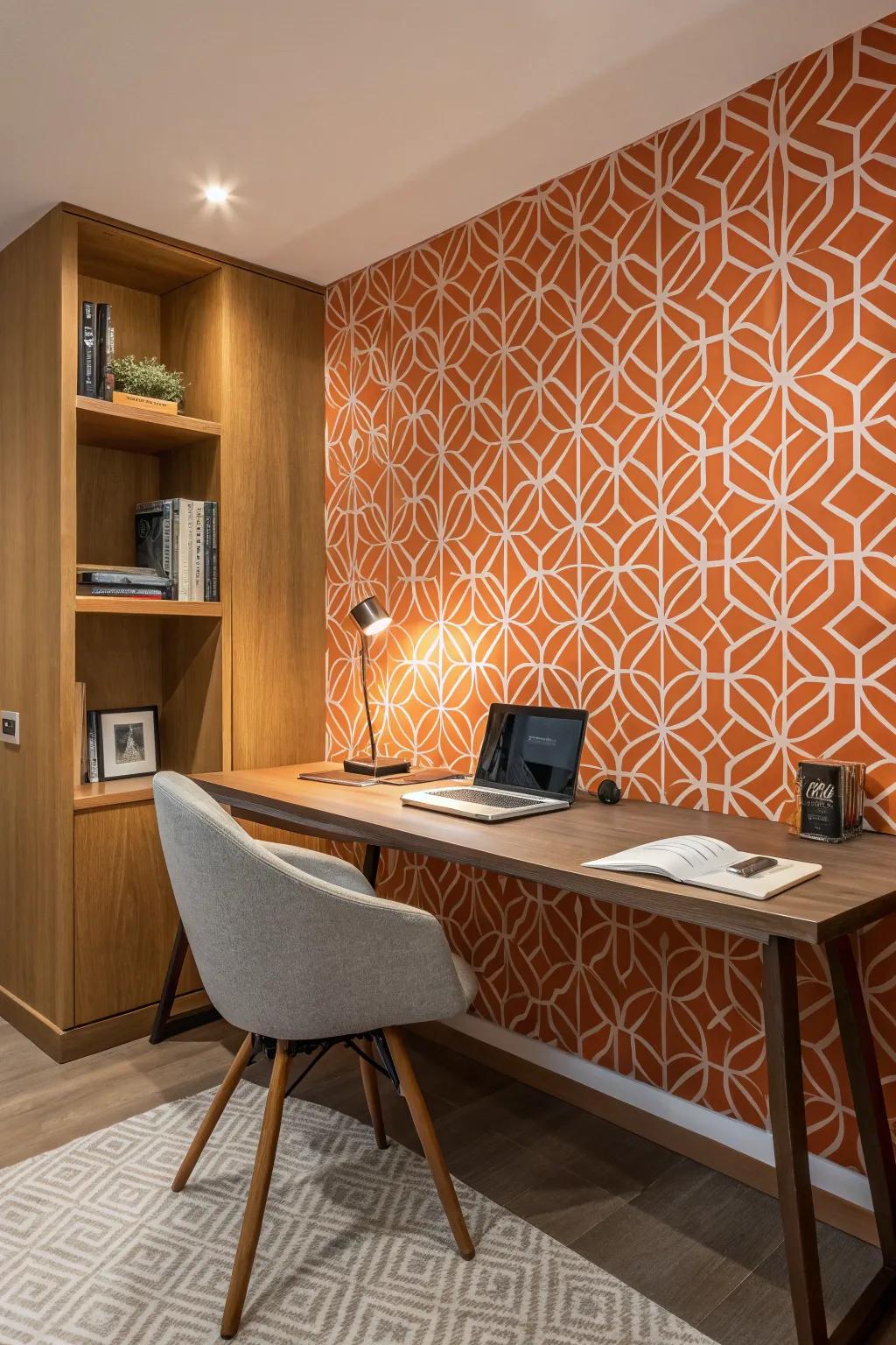 A den adorned with tangerine geometric motifs that add a whimsical flair.