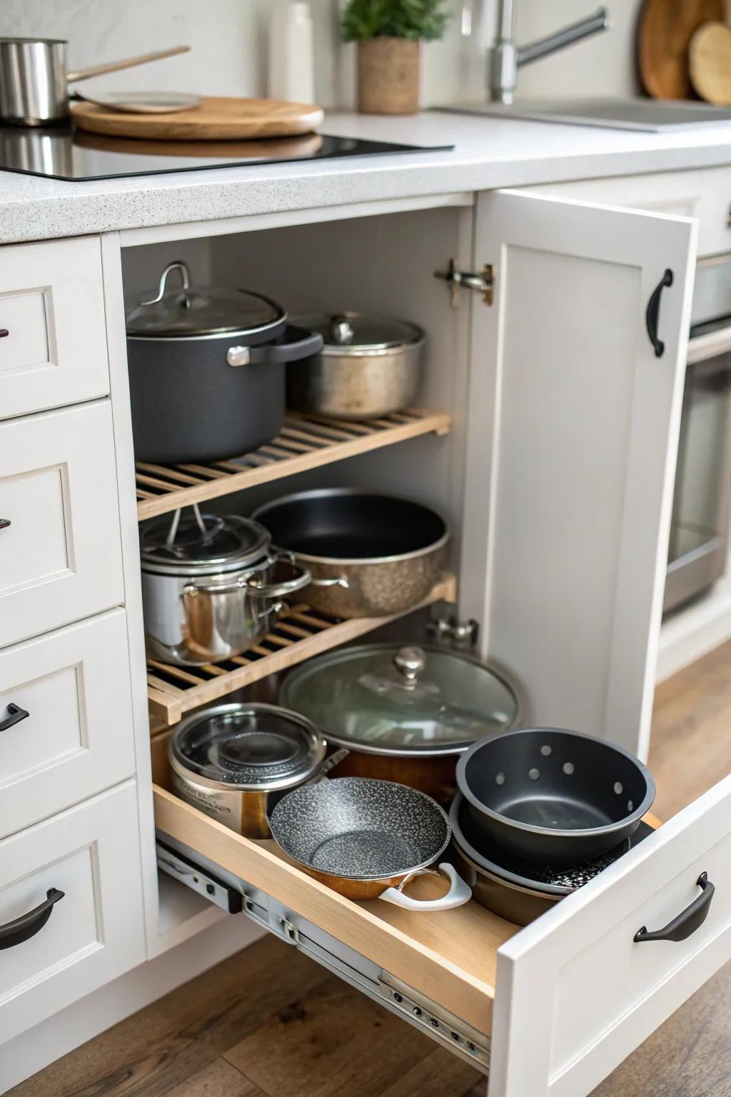 A cabinet using dividers to maintain order among pots and pans.