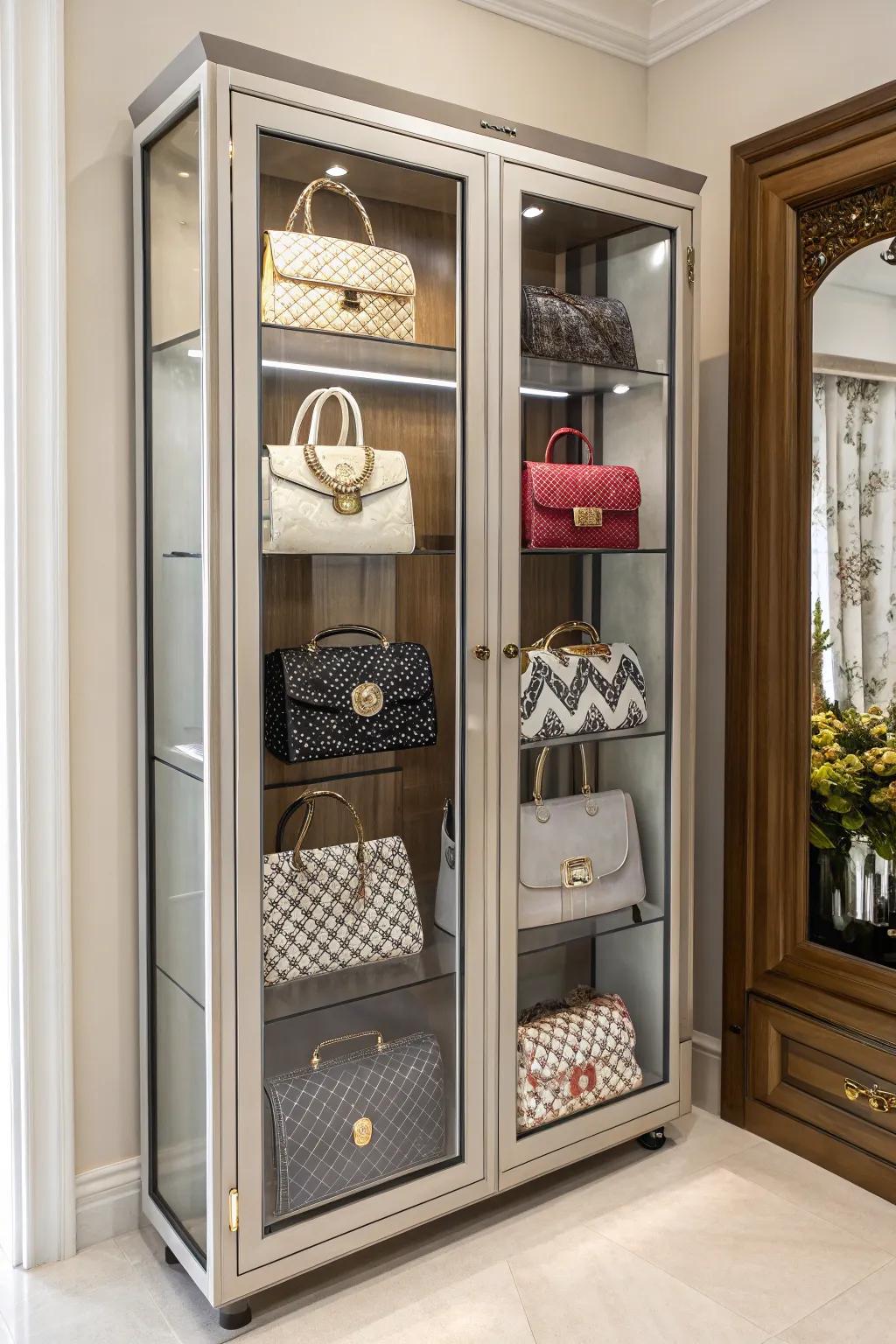 A handbag cabinet enhances your closet's sophistication while keeping bags protected.