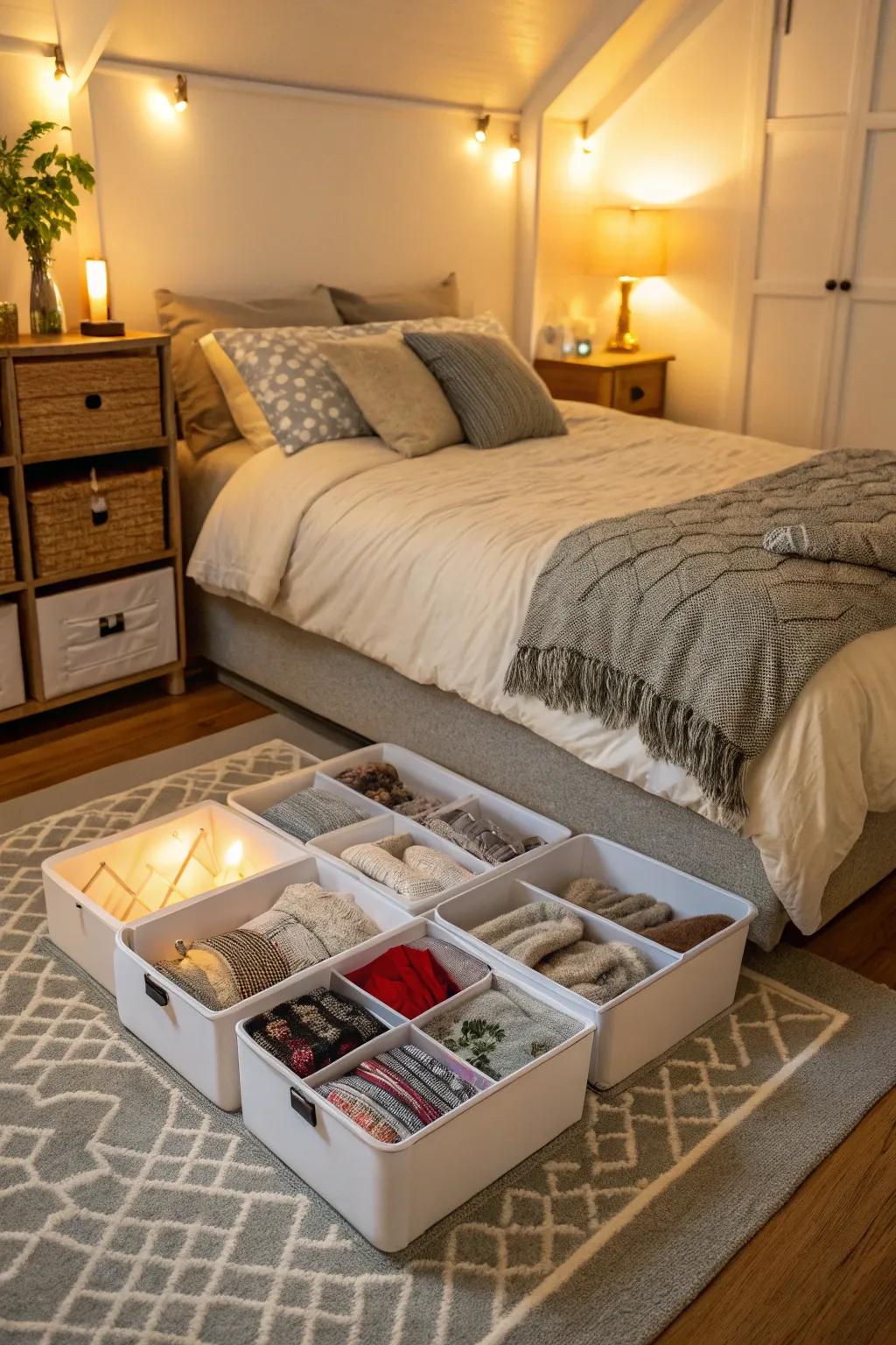 Make effective use of space beneath the bed for inconspicuous storage.