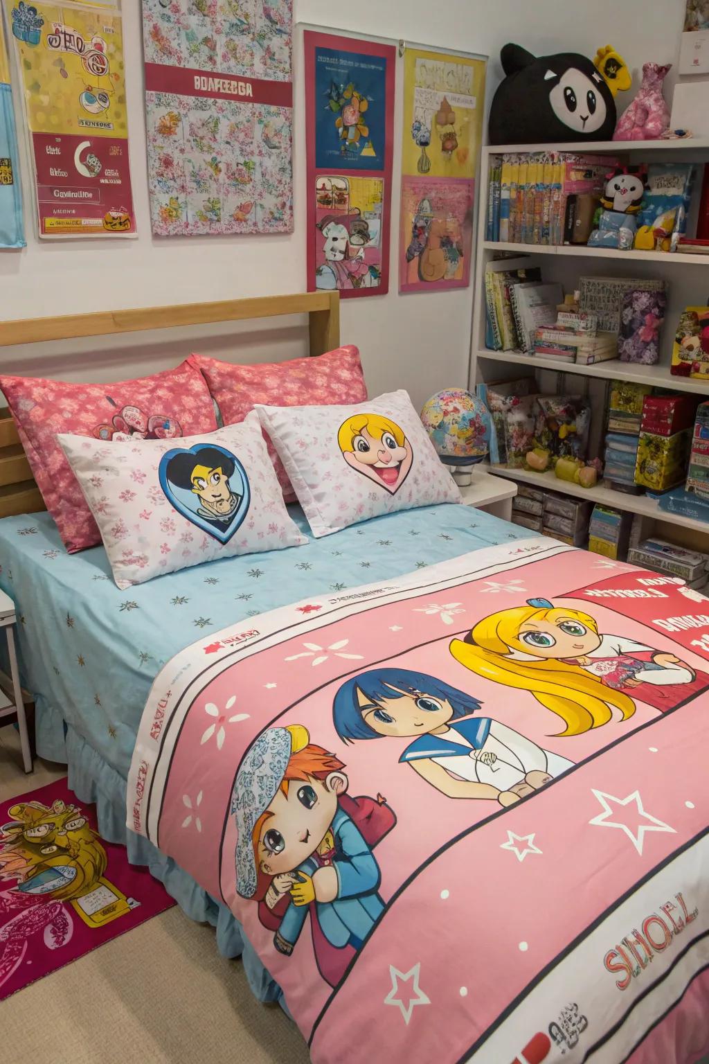 Anime-themed bedding transports your adored personalities into your dreams.