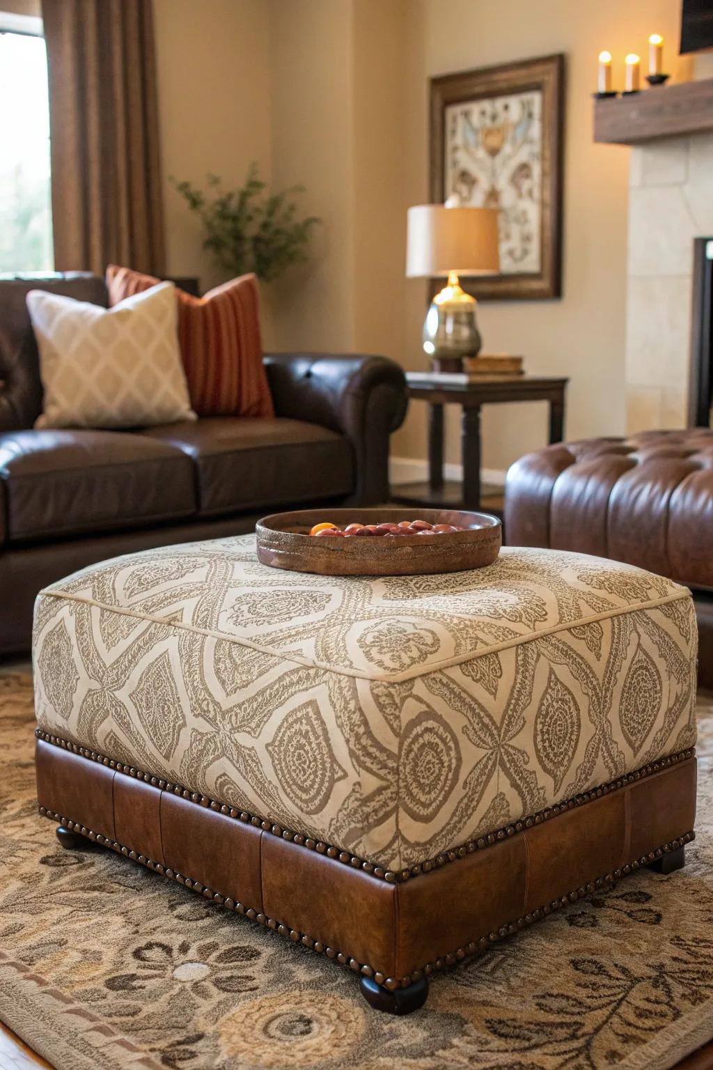 Layering textures using a fabric ottoman complemented by leather details.