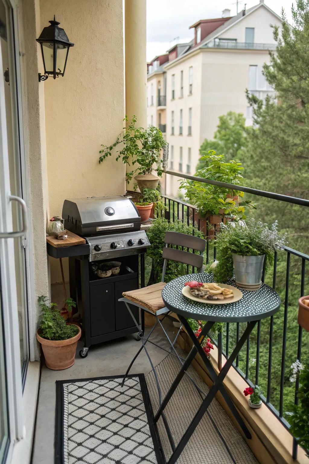 A compact balcony grill arrangement ideal for urban existence.