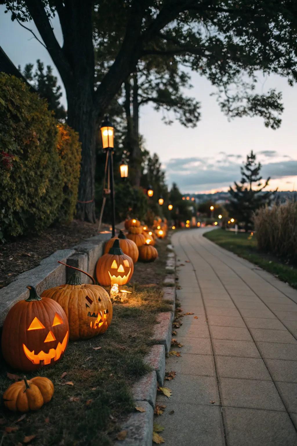A bewitching path brightened by an array of gleaming jack-o'-lanterns.