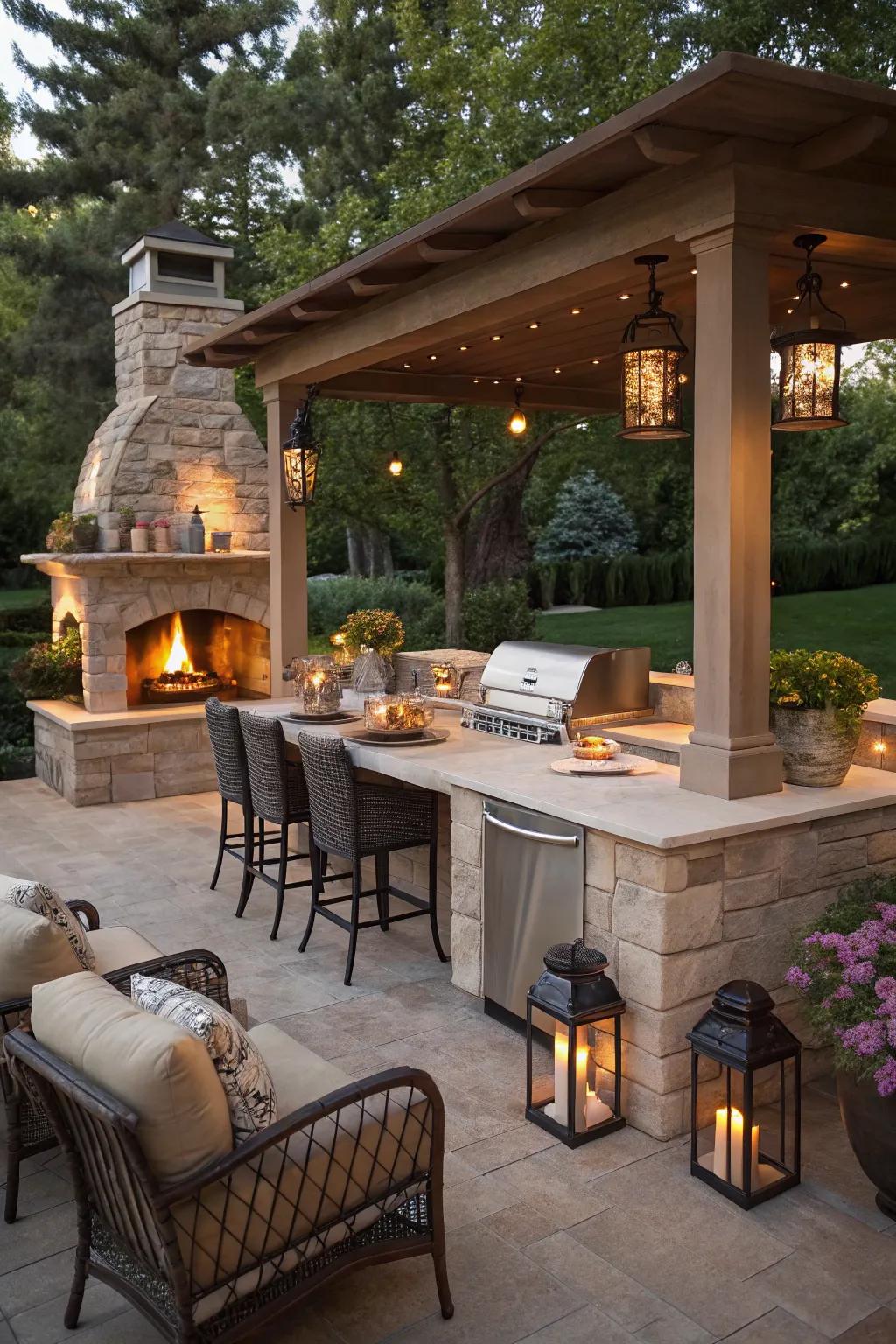 A fire element adds perennial warmth and allure, perfect for intimate evenings.