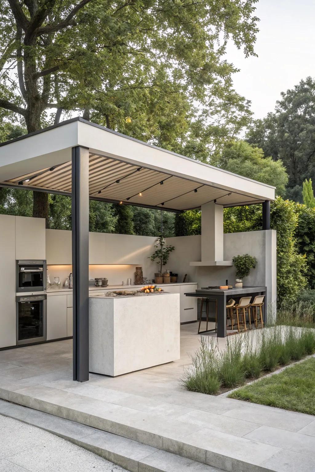 Achieve refinement with a modern minimalist outdoor cooking gazebo.