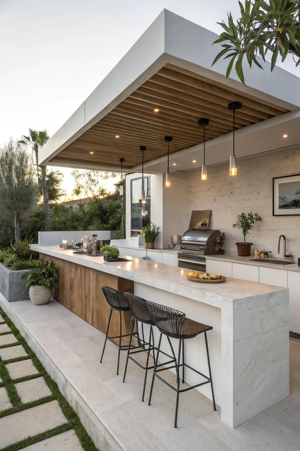 A minimalist outdoor kitchen featuring a floating bar countertop.