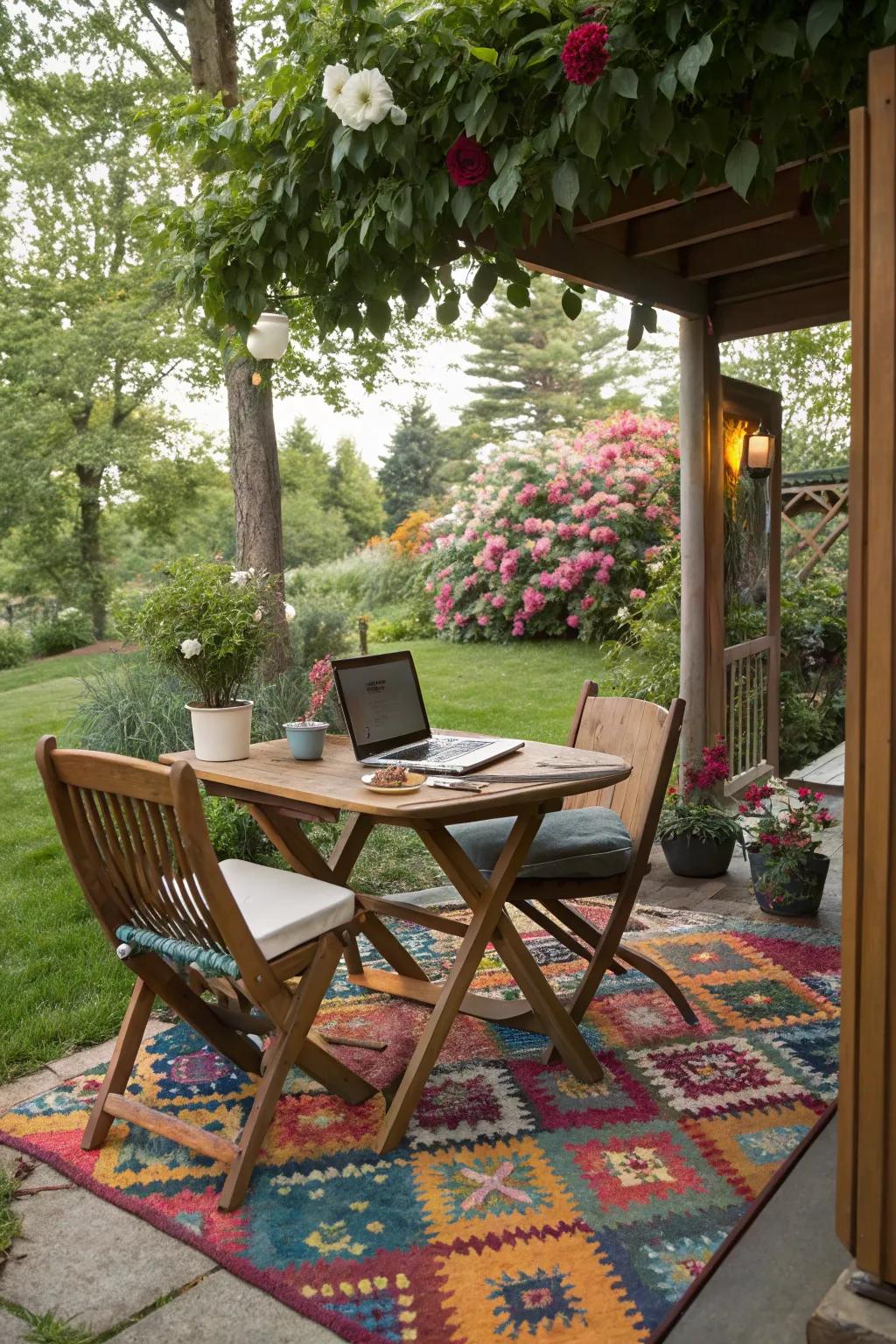 A comfortable textile incorporates warmth and flair into your outdoor office.
