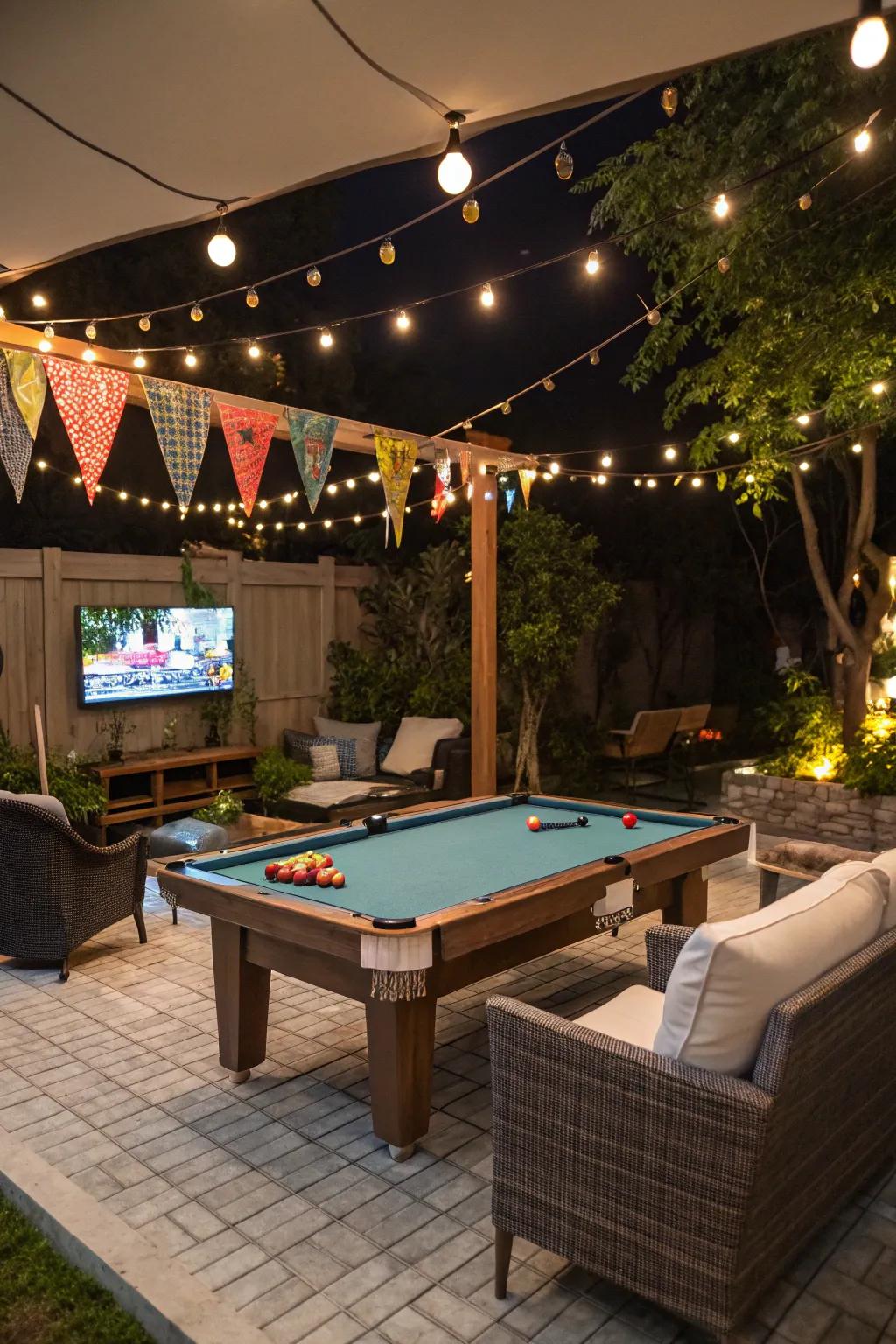 A pool table alongside entertainment features like a TV and seating area.