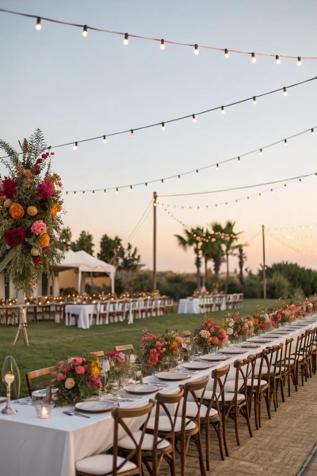 Feasting-style tables promote a communal and inviting atmosphere.