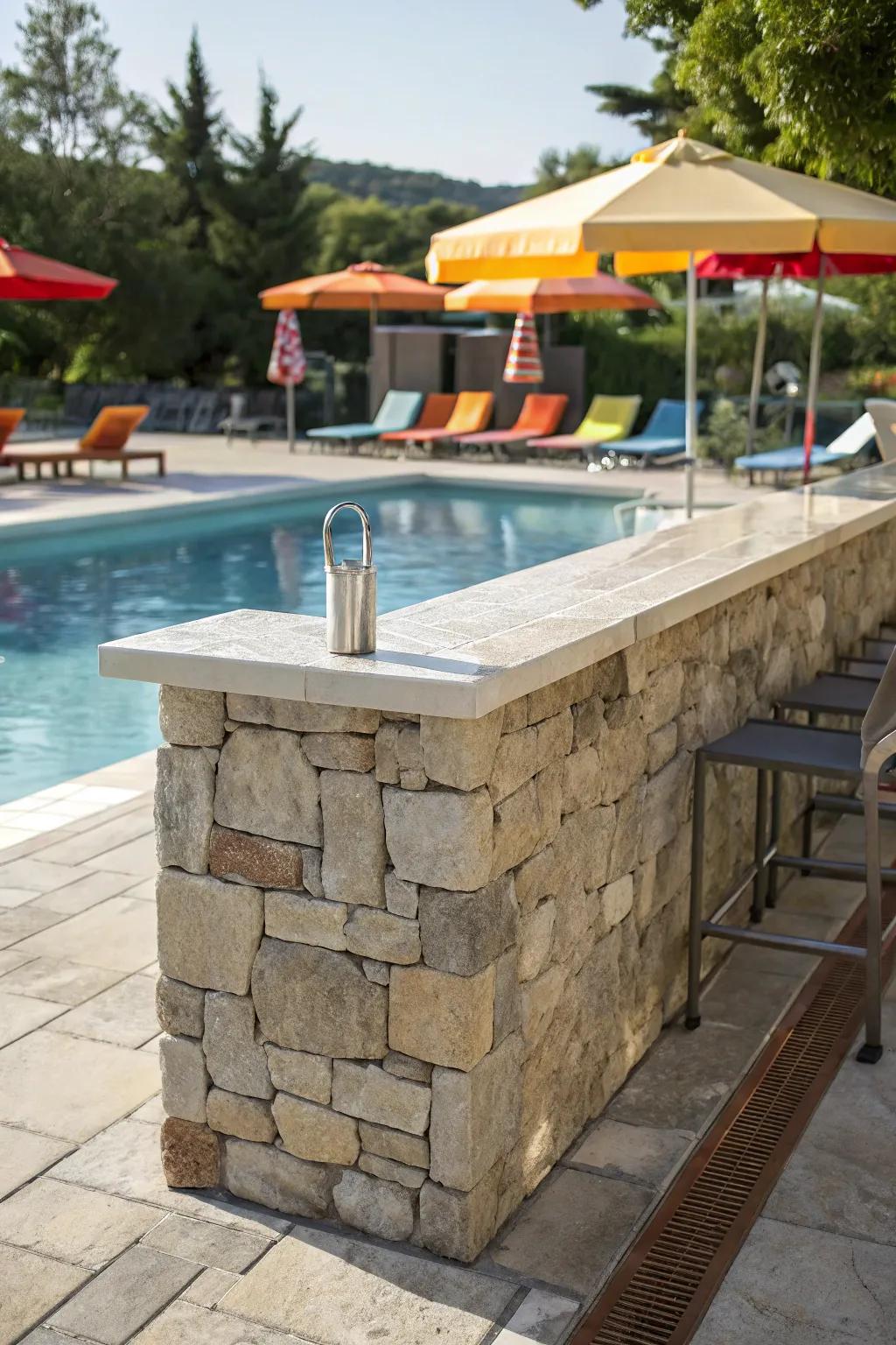 An elegant poolside stone bar, ready for the ultimate summer celebrations.