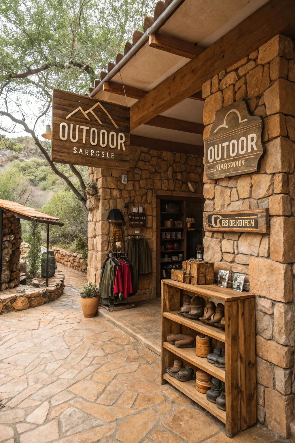 Rustic aesthetic achieved with stone textures and earthy colors for a grounded sensation.