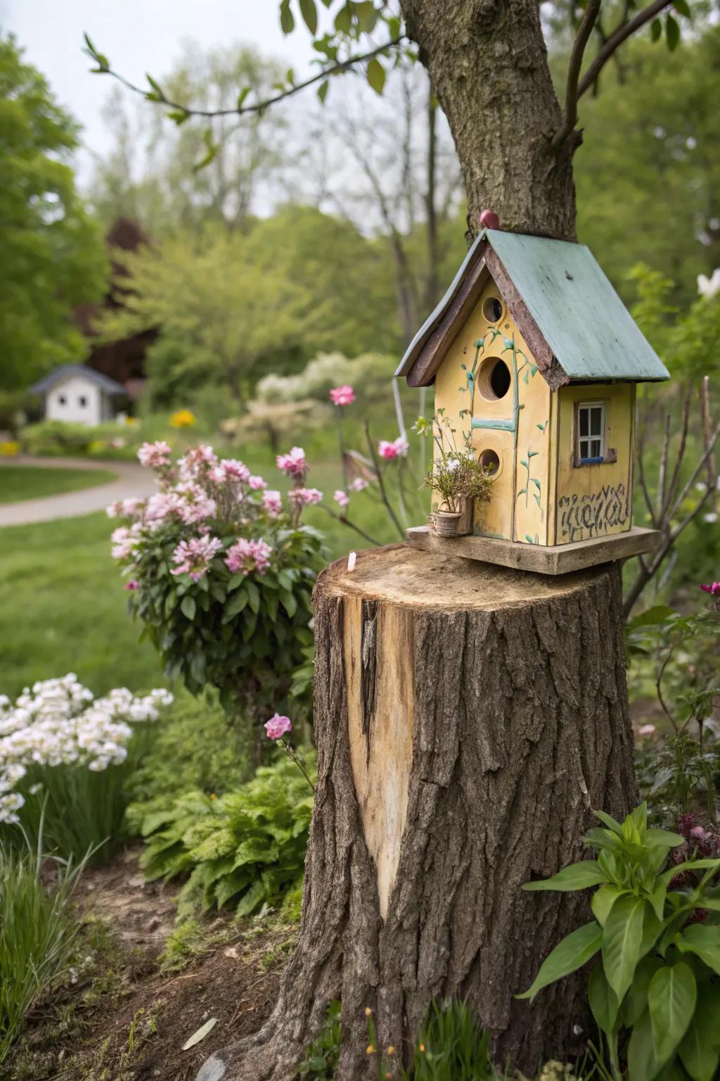 A birdhouse situated on a stump constitutes a delightful enhancement to any garden.