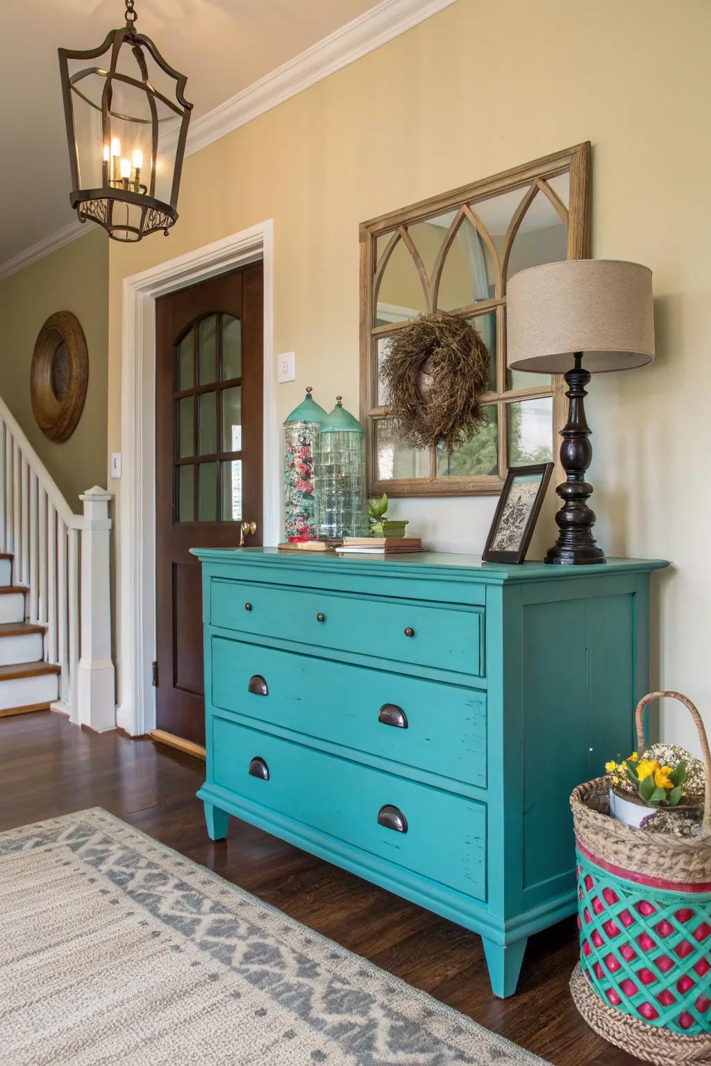 A bold blue-green-painted chest makes a striking entryway statement.