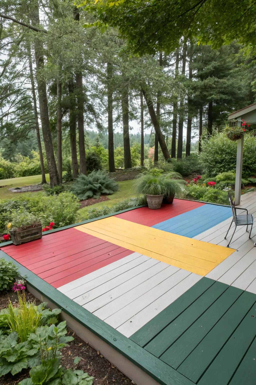 A deck showcasing bold color blocks, fostering a lively and energetic outdoor atmosphere.
