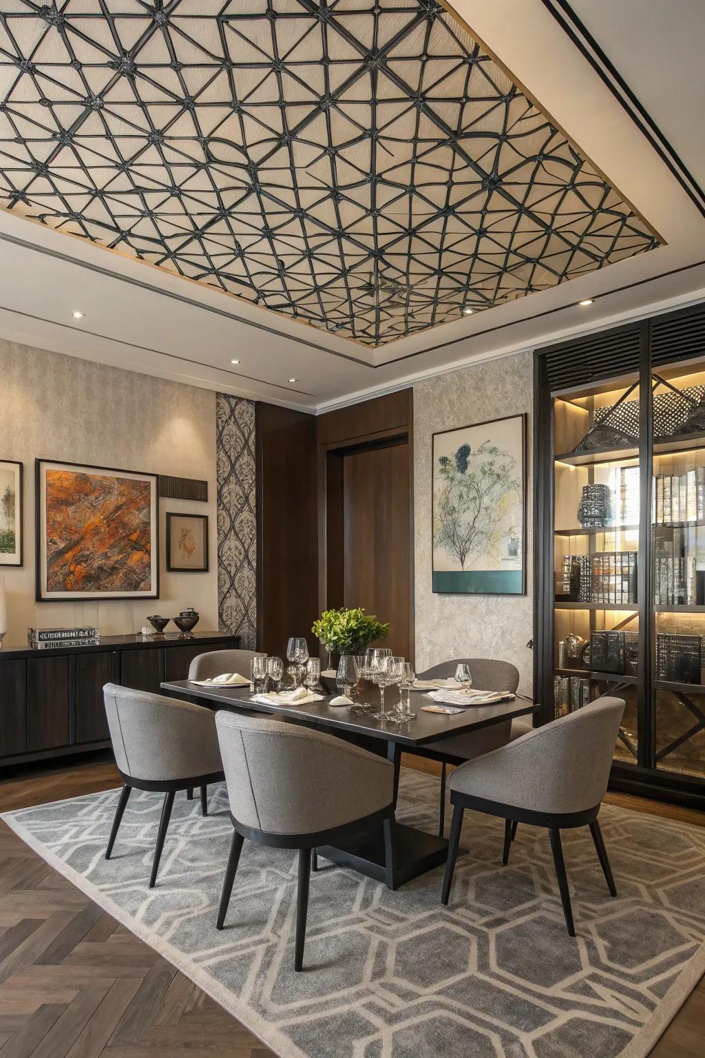 Geometric schemes contribute a contemporary twist to your overhead design.