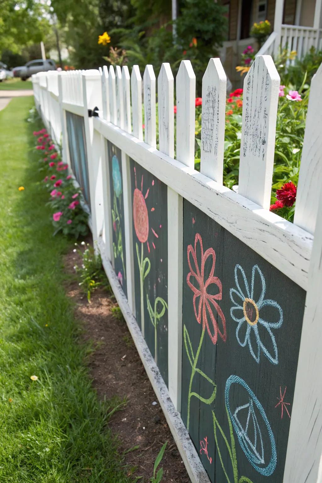 A spirited surface-chalked picket fence encouraging perpetual creativity.