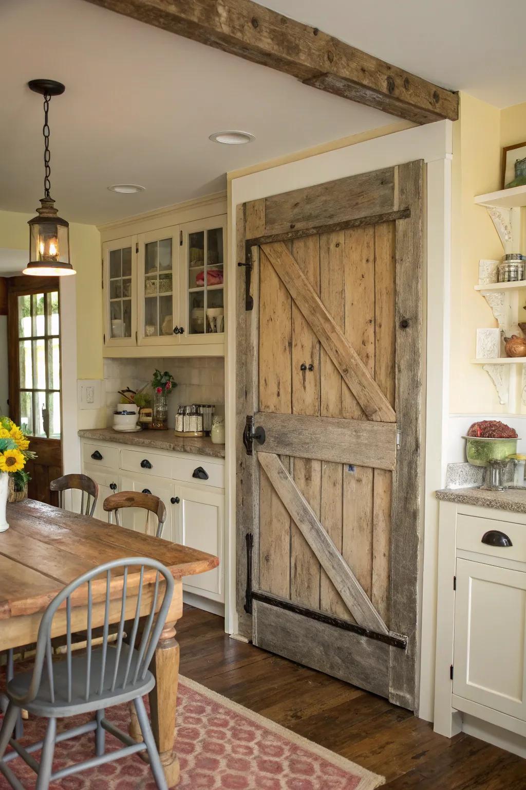 Country-inspired timber pantry entrances impart coziness and individuality.