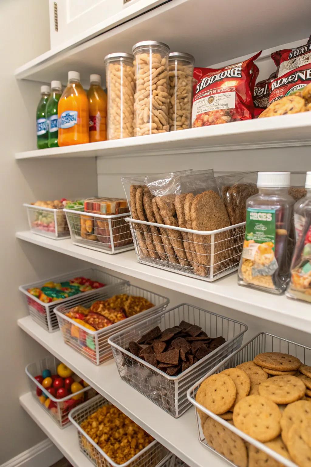 Staggered shelving enhances visibility and simplifies reaching all your go-to snacks.