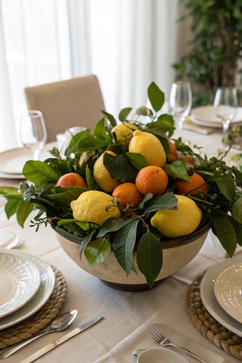 A revitalizing fruit centerpiece featuring citrus elements and greenery.
