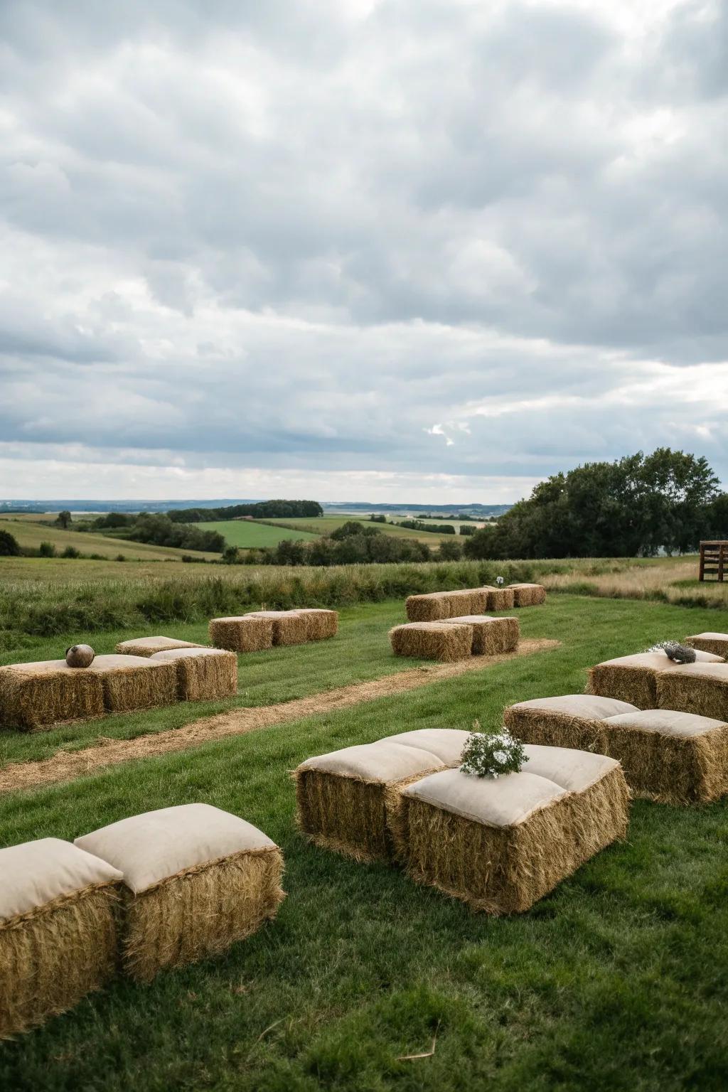 Hay bales thoughtfully arranged for seating in the pasture.