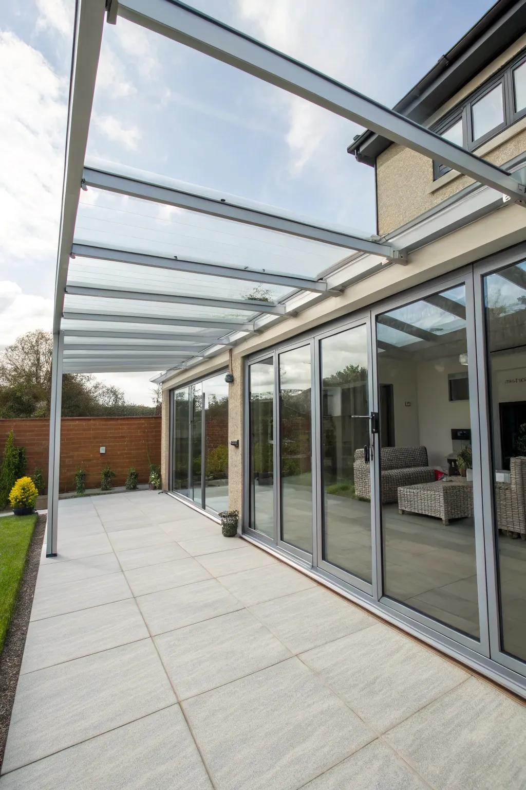Modern frameworks of steel and glass fashion a sophisticated patio mood.