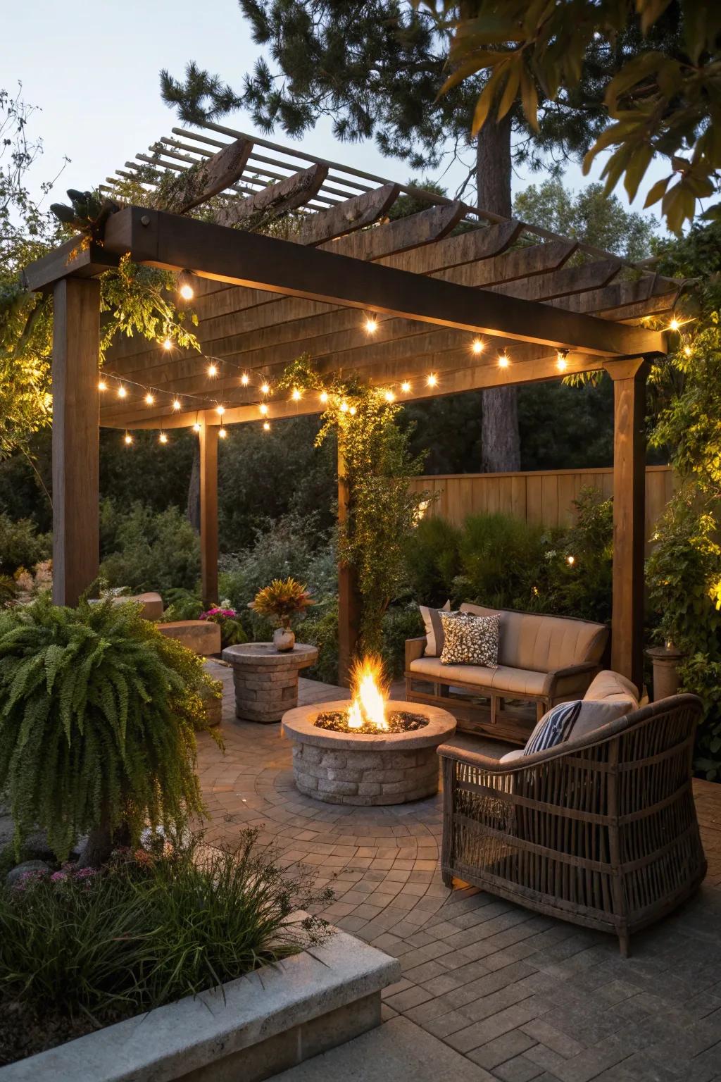 A pergola enriches the style and practicality of your fire pit setting.