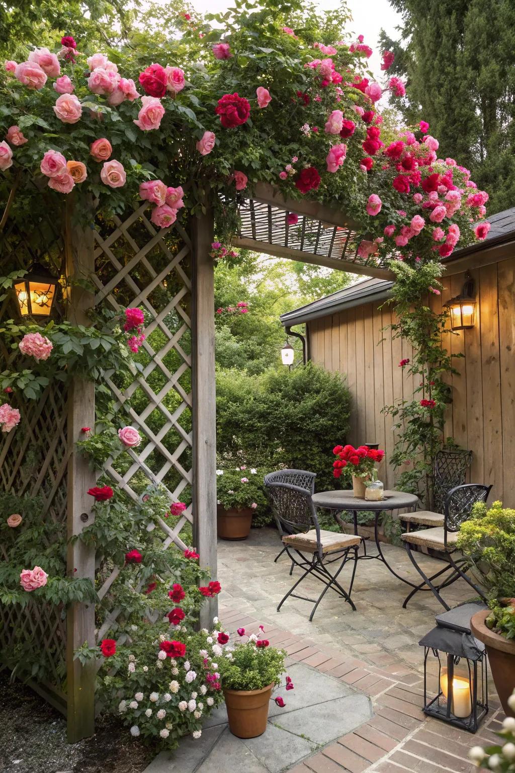 A lattice trellis covered with climbing roses adds a lush canopy to your patio.